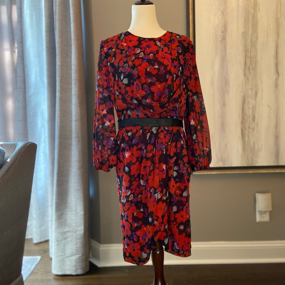 WALTER BAKER W118 RED FLORAL DRESS W/LEATHER TRIM
